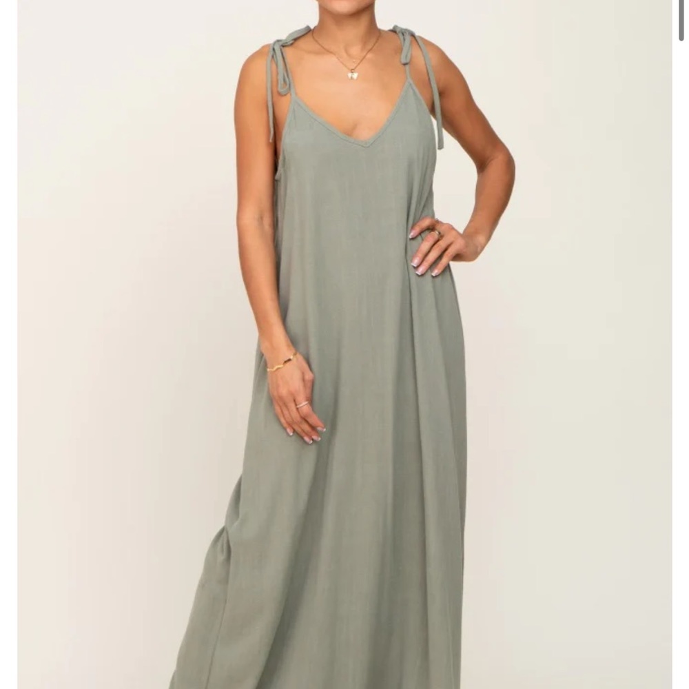 Light Olive Linen V-Neck Tie Strap Maternity Maxi Dress (PINKBLUSH)